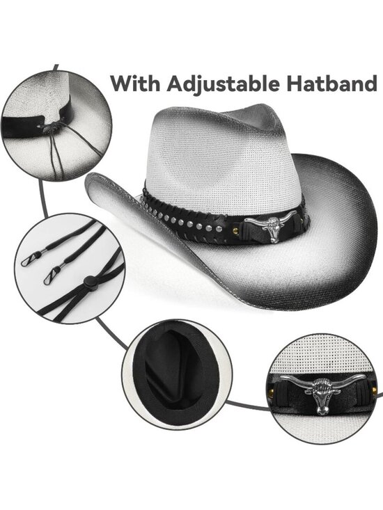 Women Black White Cowgirl Western Straw Wide with Shapeable Brim Cowboy Hat
